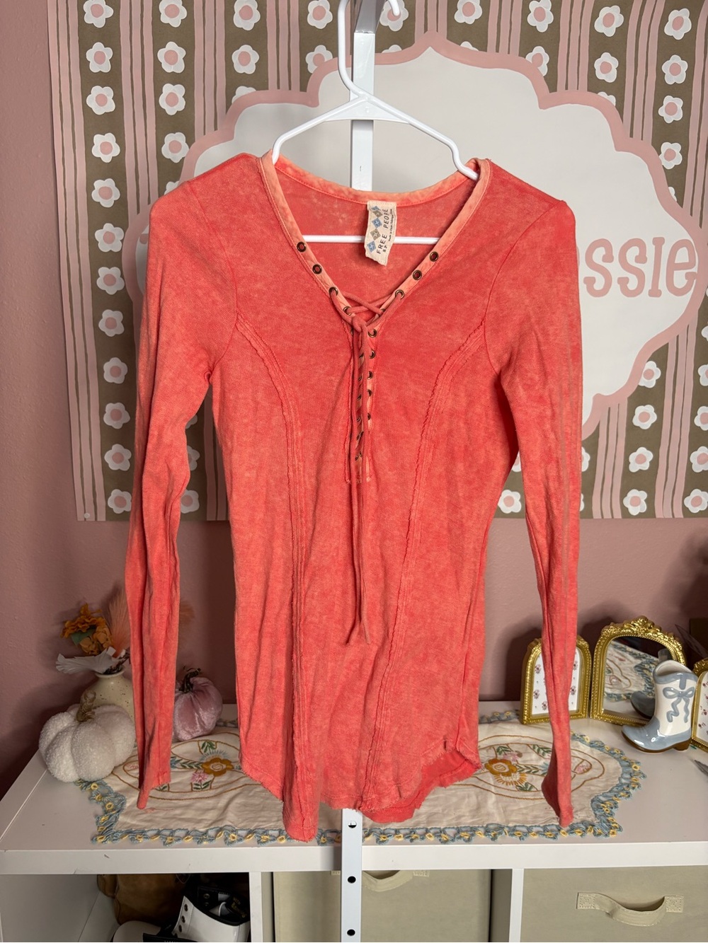 Y2K Free People Coral Lace-Up Long Sleeve Women's Top